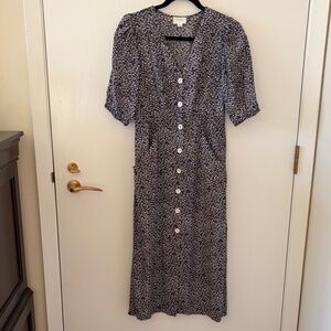 Everly Midi pocket dress w puff sleeves Sz S Navy & white tiny floral